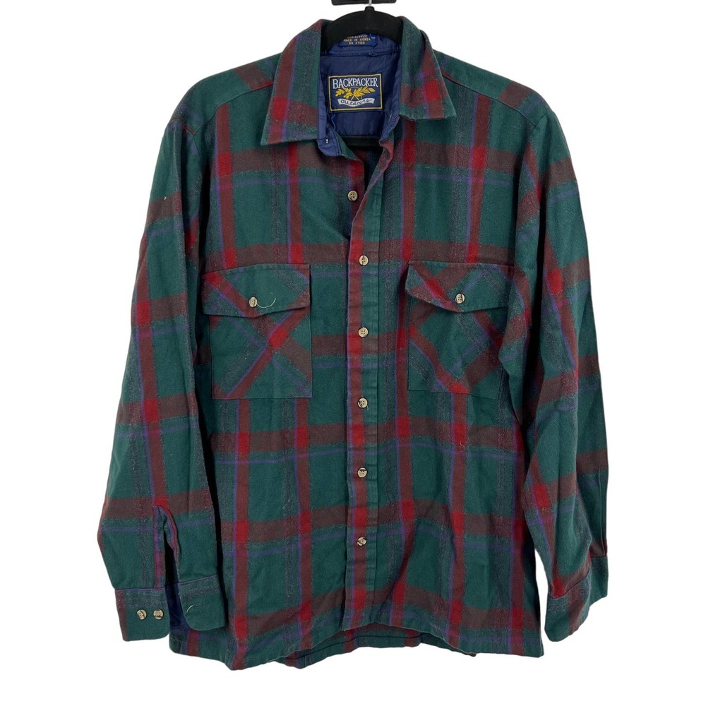Backpacker Outdoors Vintage Striped Plaid Flannel Button Up USA Made Men's Large